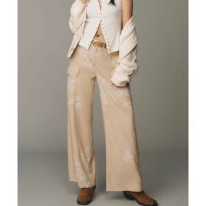 Anthropologie Floral Printed Wide-Leg Pants Beige Size 12
